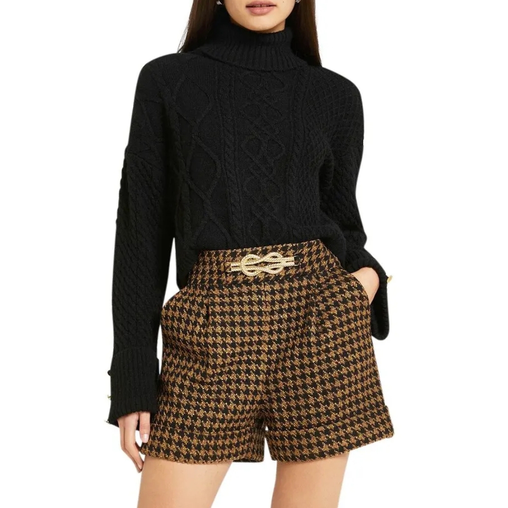 RIVER ISLAND Herringbone Boucle Shorts With Gold Knot Accent Size 8
